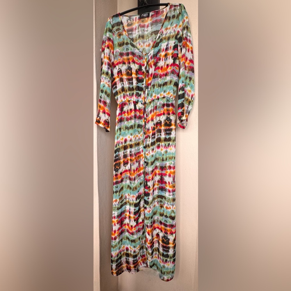 OMG Miami Swimwear Sheer Cover-Up Multicolor Tie Dye 3/4 Sleeve Button Up OS